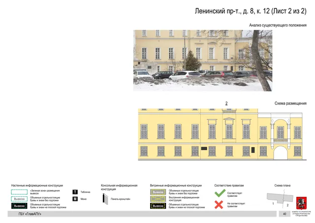Архитектурная концепция размещения вывесок — Ленинский проспект, 8, корп. 12, Москва, лист 2 из 2 · Документ по адресу · Архитектурно-художественная концепция · 2019 год