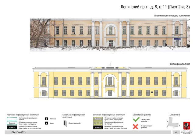 Архитектурная концепция размещения вывесок — Ленинский проспект, 8, корп. 11, Москва, лист 2 из 3 · Документ по адресу · Архитектурно-художественная концепция · 2019 год