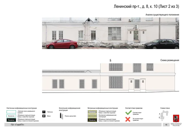 Архитектурная концепция размещения вывесок — Ленинский проспект, 8, корп. 10, Москва, лист 2 из 3 · Документ по адресу · Архитектурно-художественная концепция · 2019 год