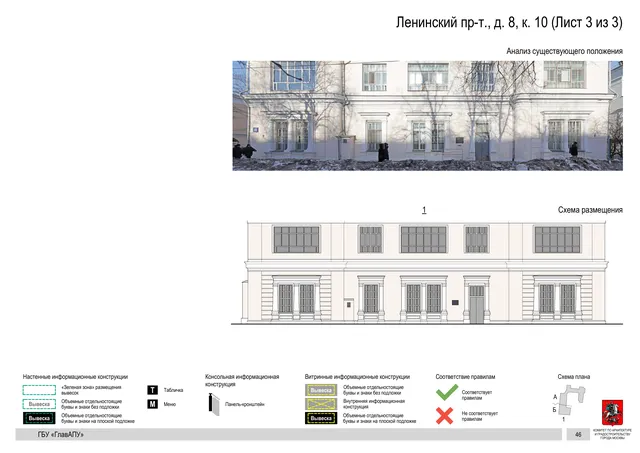 Архитектурная концепция размещения вывесок — Ленинский проспект, 8, корп. 10, Москва, лист 3 из 3 · Документ по адресу · Архитектурно-художественная концепция · 2019 год