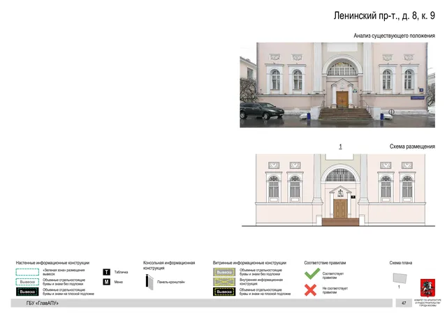 Архитектурная концепция размещения вывесок — Ленинский проспект, 8, корп. 9, Москва, страница PDF 49 · Документ по адресу · Архитектурно-художественная концепция · 2019 год