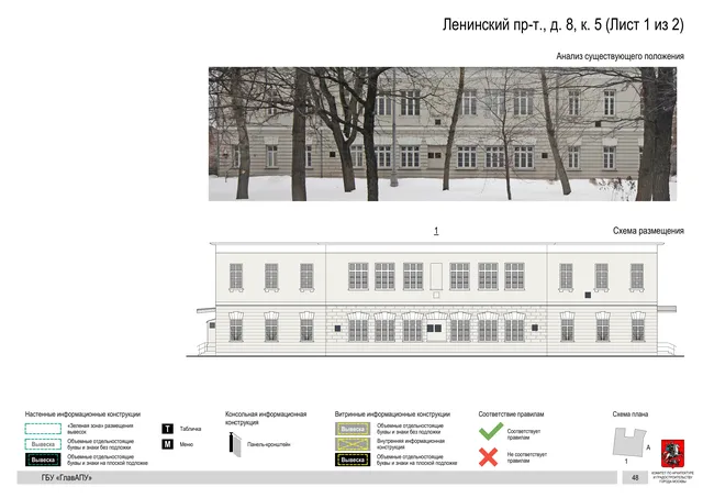 Архитектурная концепция размещения вывесок — Ленинский проспект, 8, корп. 5, Москва, лист 1 из 2 · Документ по адресу · Архитектурно-художественная концепция · 2019 год