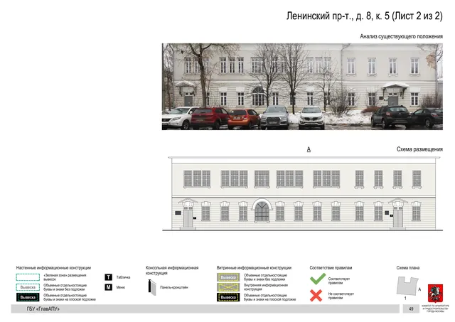 Архитектурная концепция размещения вывесок — Ленинский проспект, 8, корп. 5, Москва, лист 2 из 2 · Документ по адресу · Архитектурно-художественная концепция · 2019 год