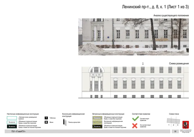 Архитектурная концепция размещения вывесок — Ленинский проспект, 8, корп. 1, Москва, лист 1 из 3 · Документ по адресу · Архитектурно-художественная концепция · 2019 год
