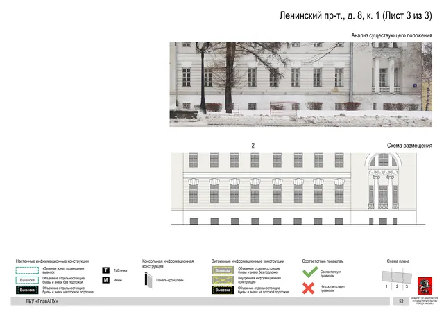 Архитектурная концепция размещения вывесок — Ленинский проспект, 8, корп. 1, Москва, лист 3 из 3 · Документ по адресу · Архитектурно-художественная концепция · 2019 год