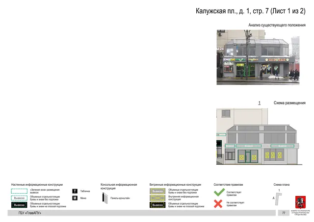 Архитектурная концепция размещения вывесок — Калужская площадь, 1, стр. 7, Москва, лист 1 из 2 · Документ по адресу · Архитектурно-художественная концепция · 2019 год
