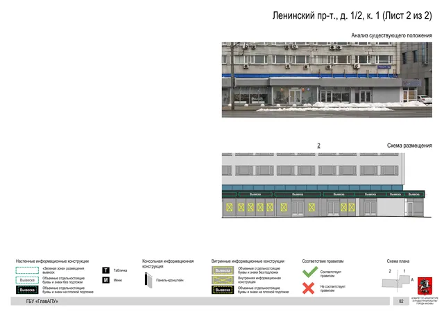 Архитектурная концепция размещения вывесок — Ленинский проспект, 1/2, корп. 1, Москва, лист 2 из 2 · Документ по адресу · Архитектурно-художественная концепция · 2019 год