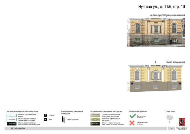 Архитектурная концепция размещения вывесок — Яузская улица, 11/6, стр. 10, Москва, страница PDF 16 · Документ по адресу · Архитектурно-художественная концепция