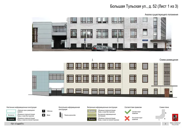 Архитектурная концепция размещения вывесок — Большая тульская улица, 52, Москва, лист 1 из 3 · Документ по адресу · Архитектурно-художественная концепция · 2020 год