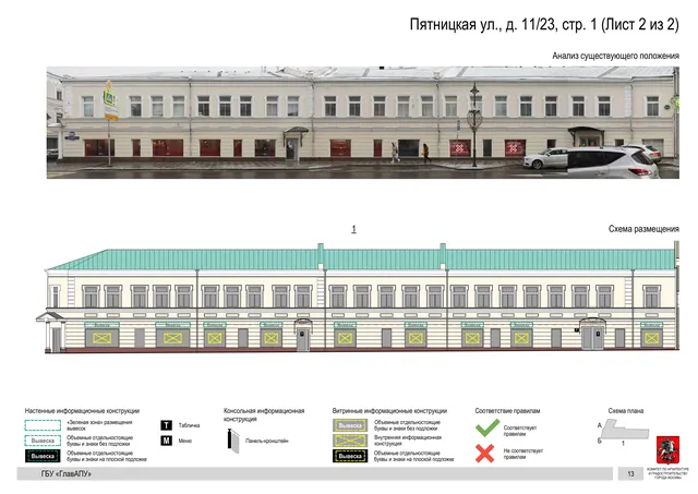 Пятницкая ул., д. 11/23, стр. 1 (Лист 2 из 2) · PDF 14 Архитектурная концепция размещения вывесок — Пятницкая улица, 11/23, стр. 1, Москва, лист 2 из 2 · Документ по адресу · АХК № 310 от 30.09.2024