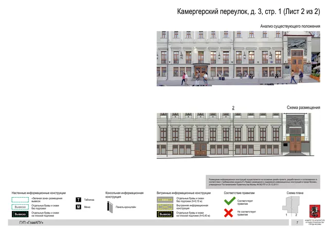 Архитектурная концепция размещения вывесок — Камергерский переулок, 3, стр. 1, Москва, лист 2 из 2 · Документ по адресу · Архитектурно-художественная концепция · 2015 год