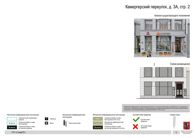 Архитектурная концепция размещения вывесок — Камергерский переулок, 3А, стр. 2, Москва, страница PDF 9 · Документ по адресу · Архитектурно-художественная концепция · 2015 год