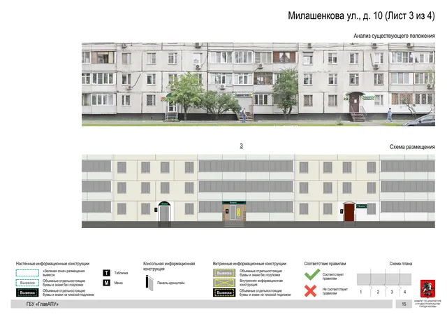 Архитектурная концепция размещения вывесок — Милашенкова улица, 10, Москва, лист 3 из 4 · Документ по адресу · Архитектурно-художественная концепция · 2020 год