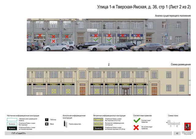 Архитектурная концепция размещения вывесок — 1-я тверская-ямская улица, 36, стр. 1, Москва, лист 2 из 2 · Документ по адресу · Архитектурно-художественная концепция · 2015 год