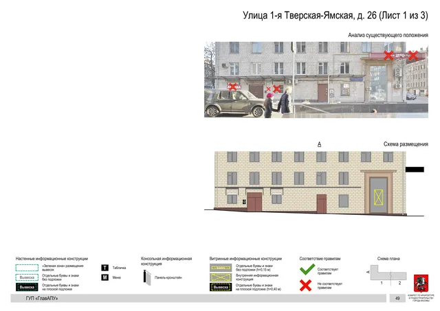 Архитектурная концепция размещения вывесок — 1-я тверская-ямская улица, 26, Москва, лист 1 из 3 · Документ по адресу · Архитектурно-художественная концепция · 2015 год