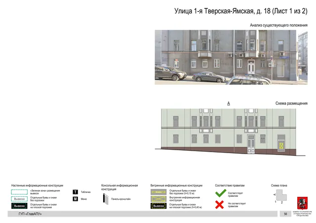 Архитектурная концепция размещения вывесок — 1-я тверская-ямская улица, 18, Москва, лист 1 из 2 · Документ по адресу · Архитектурно-художественная концепция · 2015 год