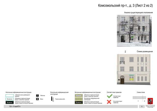 Архитектурная концепция размещения вывесок — Комсомольский проспект, 3, Москва, лист 2 из 2 · Документ по адресу · Архитектурно-художественная концепция · 2019 год
