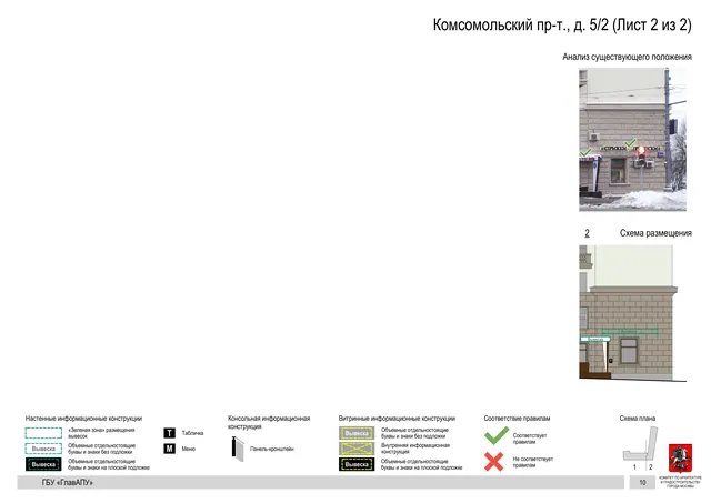 Архитектурная концепция размещения вывесок — Комсомольский проспект, 5/2, Москва, лист 2 из 2 · Документ по адресу · Архитектурно-художественная концепция · 2019 год