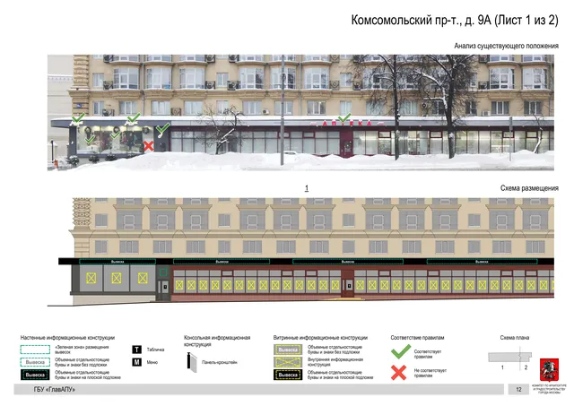 Архитектурная концепция размещения вывесок — Комсомольский проспект, 9А, Москва, лист 1 из 2 · Документ по адресу · Архитектурно-художественная концепция · 2019 год