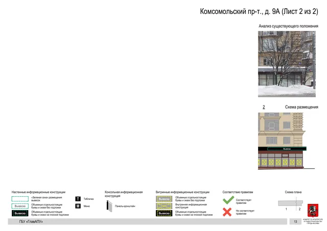 Архитектурная концепция размещения вывесок — Комсомольский проспект, 9А, Москва, лист 2 из 2 · Документ по адресу · Архитектурно-художественная концепция · 2019 год