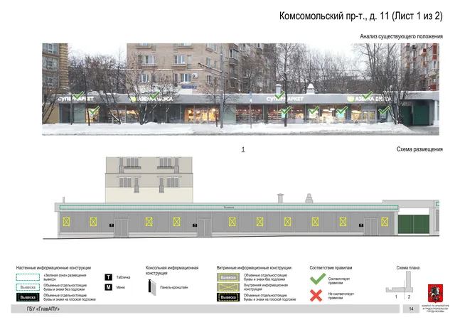 Архитектурная концепция размещения вывесок — Комсомольский проспект, 11, Москва, лист 1 из 2 · Документ по адресу · Архитектурно-художественная концепция · 2019 год