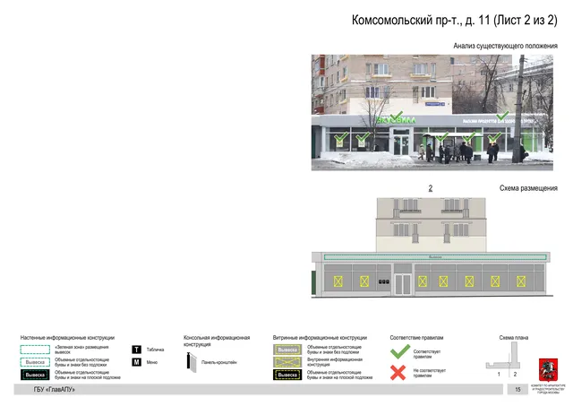 Архитектурная концепция размещения вывесок — Комсомольский проспект, 11, Москва, лист 2 из 2 · Документ по адресу · Архитектурно-художественная концепция · 2019 год