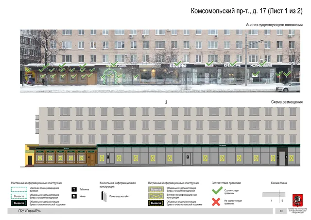 Архитектурная концепция размещения вывесок — Комсомольский проспект, 17, Москва, лист 1 из 2 · Документ по адресу · Архитектурно-художественная концепция · 2019 год