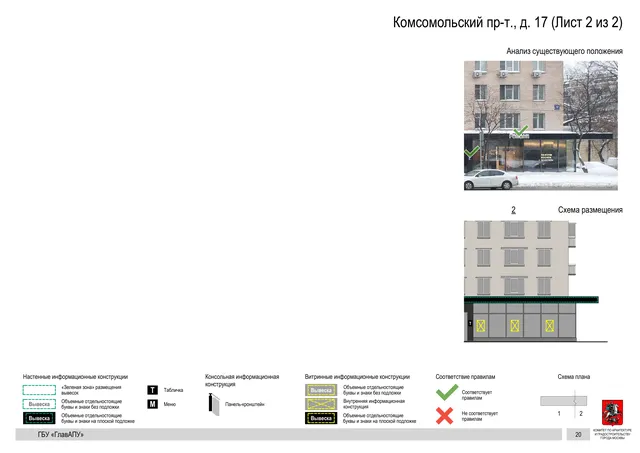Архитектурная концепция размещения вывесок — Комсомольский проспект, 17, Москва, лист 2 из 2 · Документ по адресу · Архитектурно-художественная концепция · 2019 год