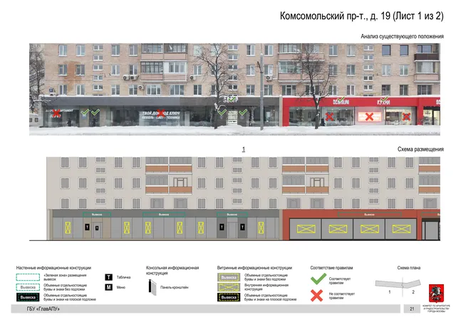 Архитектурная концепция размещения вывесок — Комсомольский проспект, 19, Москва, лист 1 из 2 · Документ по адресу · Архитектурно-художественная концепция · 2019 год