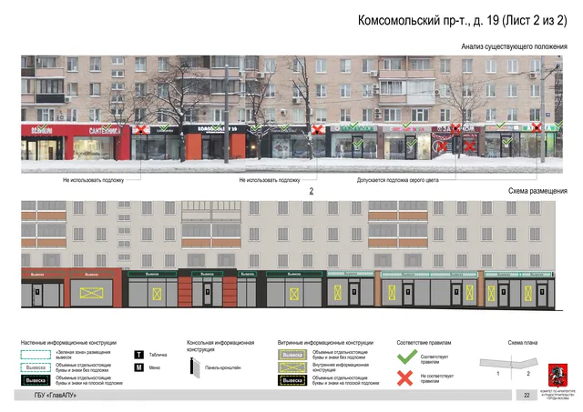 Архитектурная концепция размещения вывесок — Комсомольский проспект, 19, Москва, лист 2 из 2 · Документ по адресу · Архитектурно-художественная концепция · 2019 год