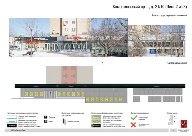 Архитектурная концепция размещения вывесок — Комсомольский проспект, 21/10, Москва, лист 2 из 3 · Документ по адресу · Архитектурно-художественная концепция · 2019 год