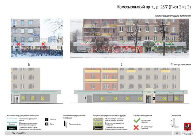 Архитектурная концепция размещения вывесок — Комсомольский проспект, 23/7, Москва, лист 2 из 2 · Документ по адресу · Архитектурно-художественная концепция · 2019 год