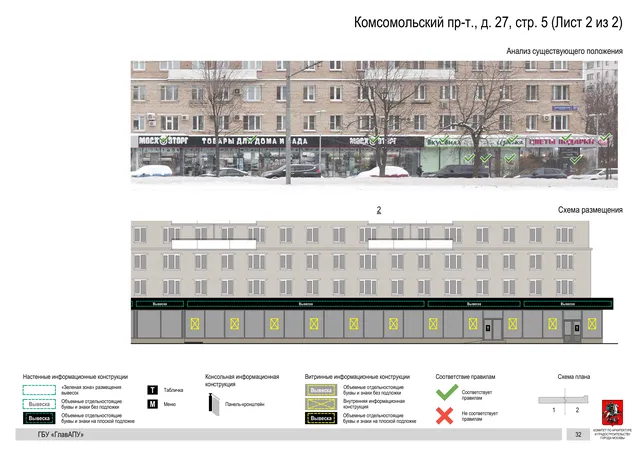 Архитектурная концепция размещения вывесок — Комсомольский проспект, 27, стр. 5, Москва, лист 2 из 2 · Документ по адресу · Архитектурно-художественная концепция · 2019 год