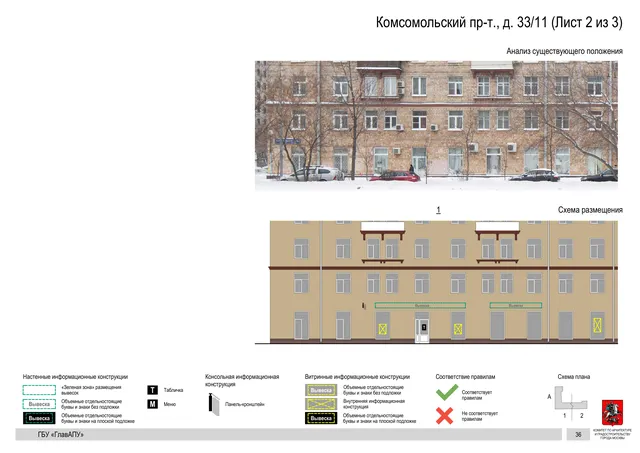 Архитектурная концепция размещения вывесок — Комсомольский проспект, 33/11, Москва, лист 2 из 3 · Документ по адресу · Архитектурно-художественная концепция · 2019 год
