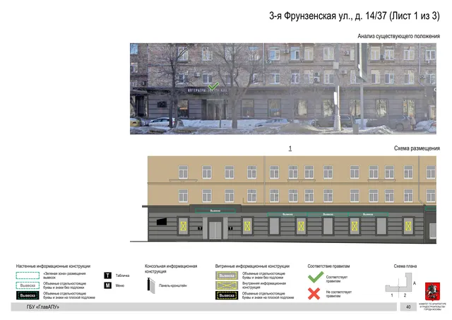 Архитектурная концепция размещения вывесок — 3-я фрунзенская улица, 14/37, Москва, лист 1 из 3 · Документ по адресу · Архитектурно-художественная концепция · 2019 год