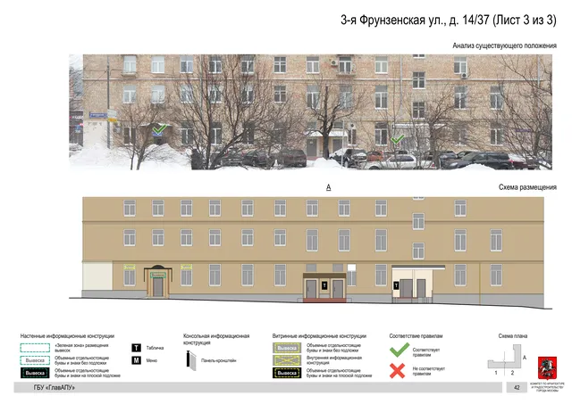 Архитектурная концепция размещения вывесок — 3-я фрунзенская улица, 14/37, Москва, лист 3 из 3 · Документ по адресу · Архитектурно-художественная концепция · 2019 год