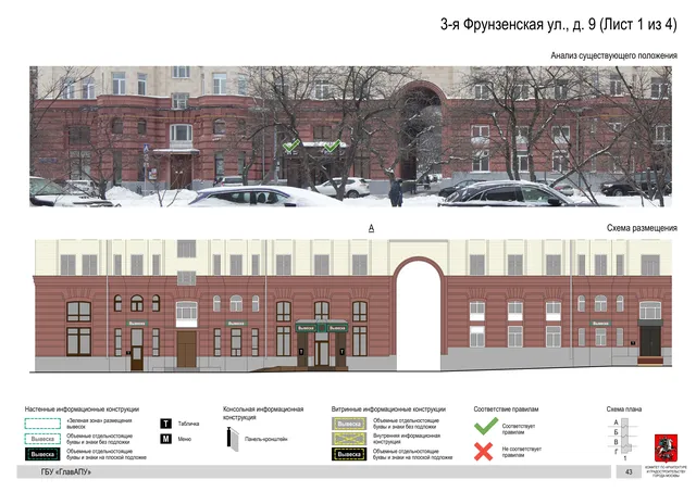 Архитектурная концепция размещения вывесок — 3-я фрунзенская улица, 9, Москва, лист 1 из 4 · Документ по адресу · Архитектурно-художественная концепция · 2019 год