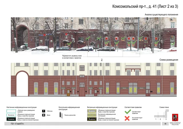 Архитектурная концепция размещения вывесок — Комсомольский проспект, 41, Москва, лист 2 из 3 · Документ по адресу · Архитектурно-художественная концепция · 2019 год