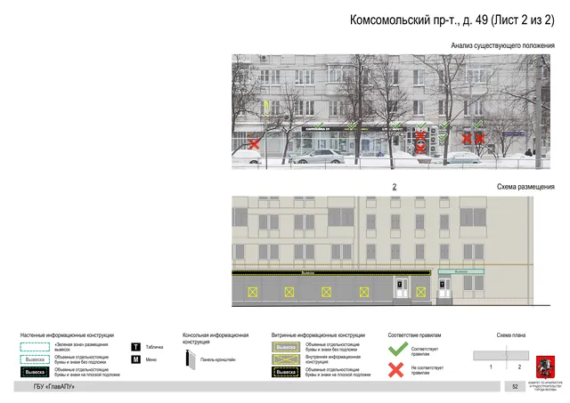 Архитектурная концепция размещения вывесок — Комсомольский проспект, 49, Москва, лист 2 из 2 · Документ по адресу · Архитектурно-художественная концепция · 2019 год