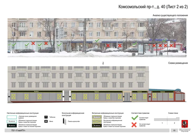 Архитектурная концепция размещения вывесок — Комсомольский проспект, 40, Москва, лист 2 из 2 · Документ по адресу · Архитектурно-художественная концепция · 2019 год