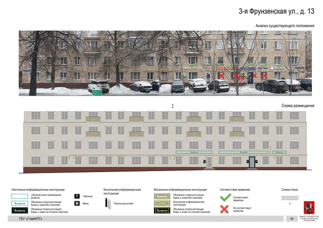 Архитектурная концепция размещения вывесок — 3-я фрунзенская улица, 13, Москва, страница PDF 67 · Документ по адресу · Архитектурно-художественная концепция · 2019 год