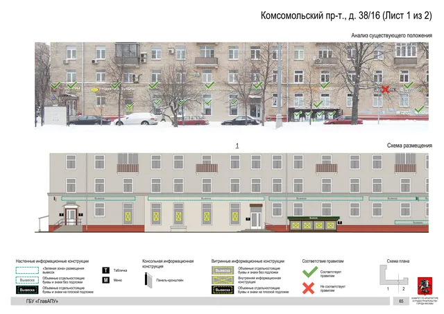 Архитектурная концепция размещения вывесок — Комсомольский проспект, 38/16, Москва, лист 1 из 2 · Документ по адресу · Архитектурно-художественная концепция · 2019 год