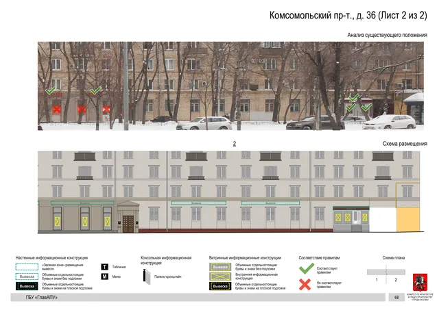 Архитектурная концепция размещения вывесок — Комсомольский проспект, 36, Москва, лист 2 из 2 · Документ по адресу · Архитектурно-художественная концепция · 2019 год