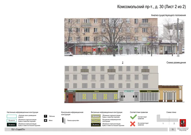 Архитектурная концепция размещения вывесок — Комсомольский проспект, 30, Москва, лист 2 из 2 · Документ по адресу · Архитектурно-художественная концепция · 2019 год