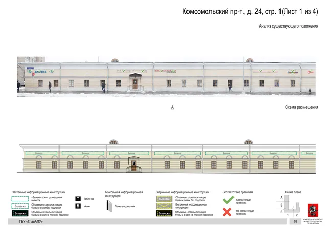Архитектурная концепция размещения вывесок — Комсомольский проспект, 24, стр. 1, Москва, лист 1 из 4 · Документ по адресу · Архитектурно-художественная концепция · 2019 год