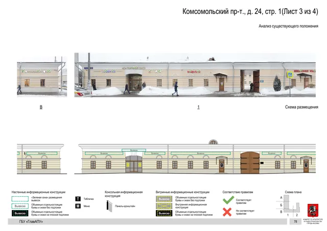 Архитектурная концепция размещения вывесок — Комсомольский проспект, 24, стр. 1, Москва, лист 3 из 4 · Документ по адресу · Архитектурно-художественная концепция · 2019 год