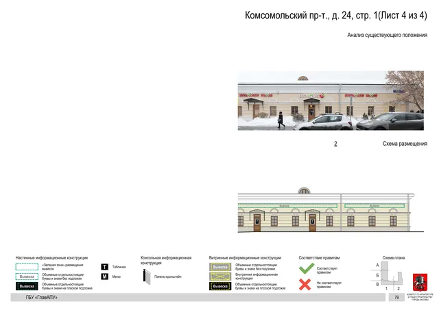 Архитектурная концепция размещения вывесок — Комсомольский проспект, 24, стр. 1, Москва, лист 4 из 4 · Документ по адресу · Архитектурно-художественная концепция · 2019 год