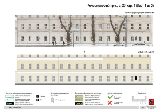 Архитектурная концепция размещения вывесок — Комсомольский проспект, 20, стр. 1, Москва, лист 1 из 3 · Документ по адресу · Архитектурно-художественная концепция · 2019 год