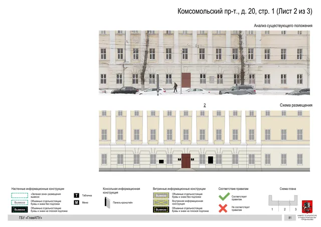 Архитектурная концепция размещения вывесок — Комсомольский проспект, 20, стр. 1, Москва, лист 2 из 3 · Документ по адресу · Архитектурно-художественная концепция · 2019 год
