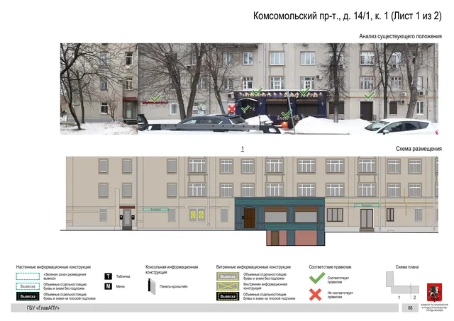 Архитектурная концепция размещения вывесок — Комсомольский проспект, 14/1, корп. 1, Москва, лист 1 из 2 · Документ по адресу · Архитектурно-художественная концепция · 2019 год